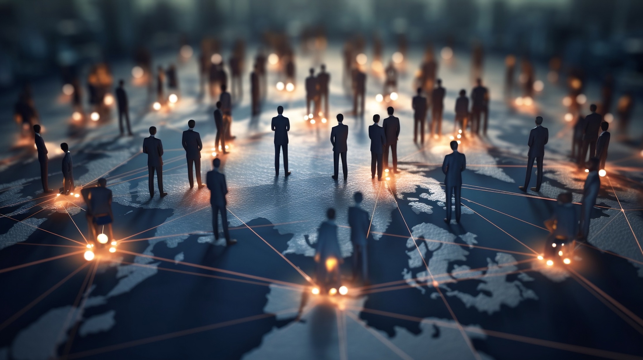 Tiny business figures connected by glowing lines across a world map